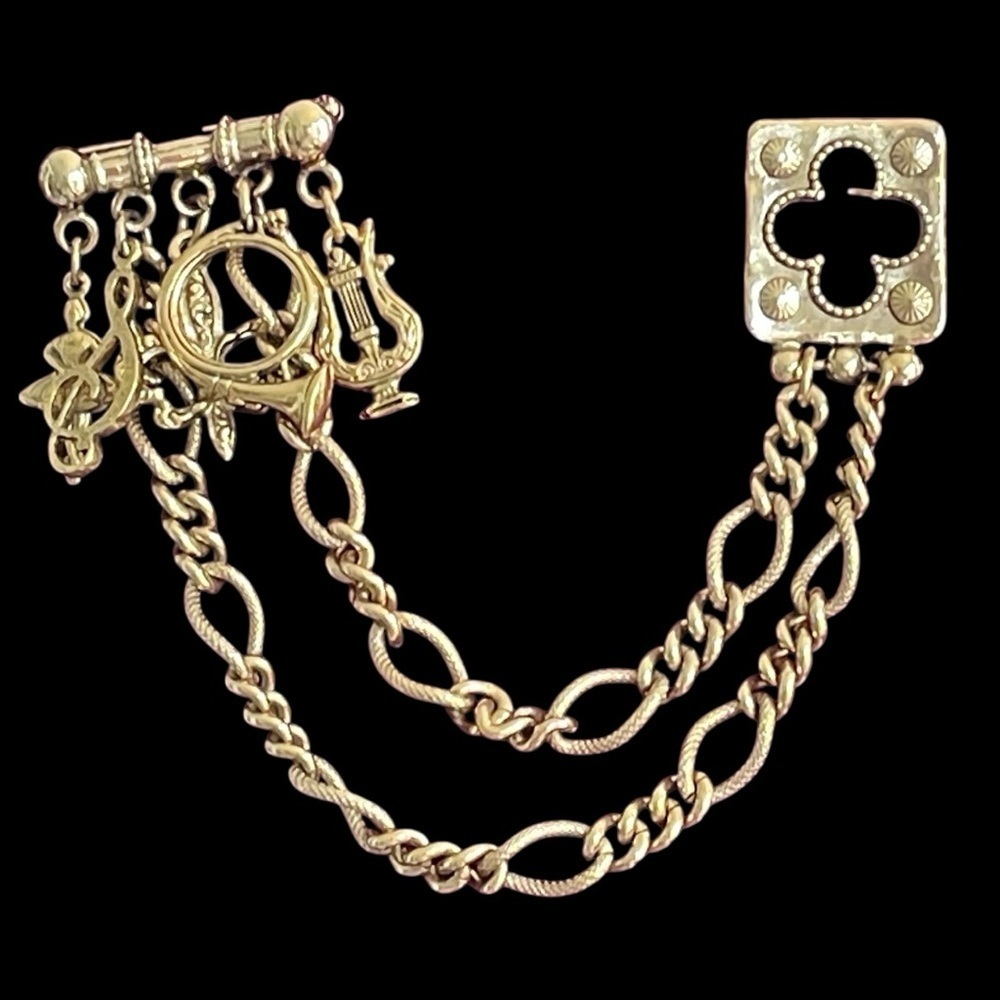 Vintage chatelaine double brooch, Victorian or Victorian inspired, music themed
